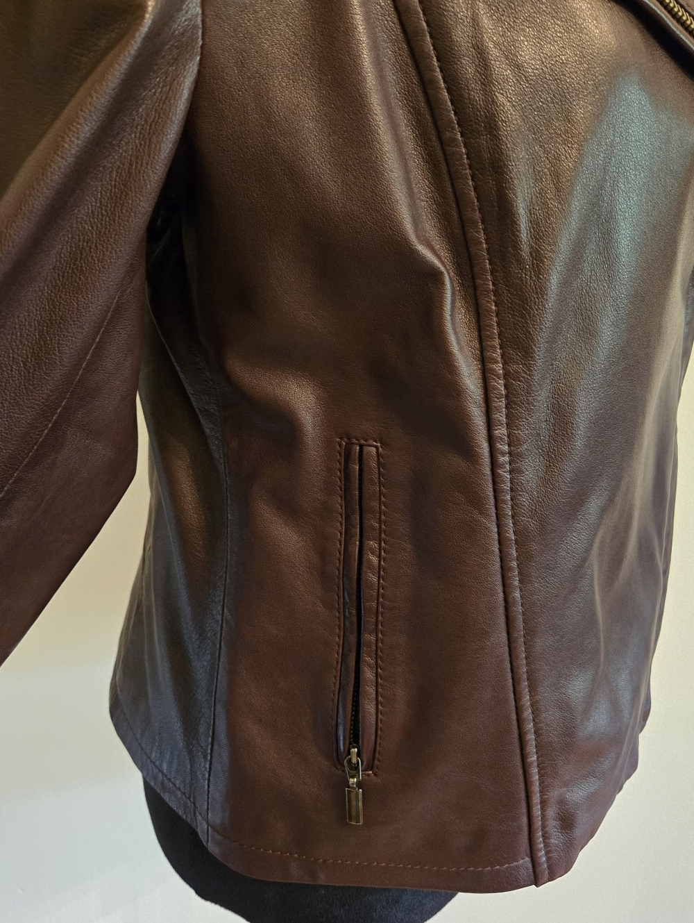 Weekend Max Mara Womens Brown Leather Lambskin Moto Jacket Size 10 - Picture 6 of 13